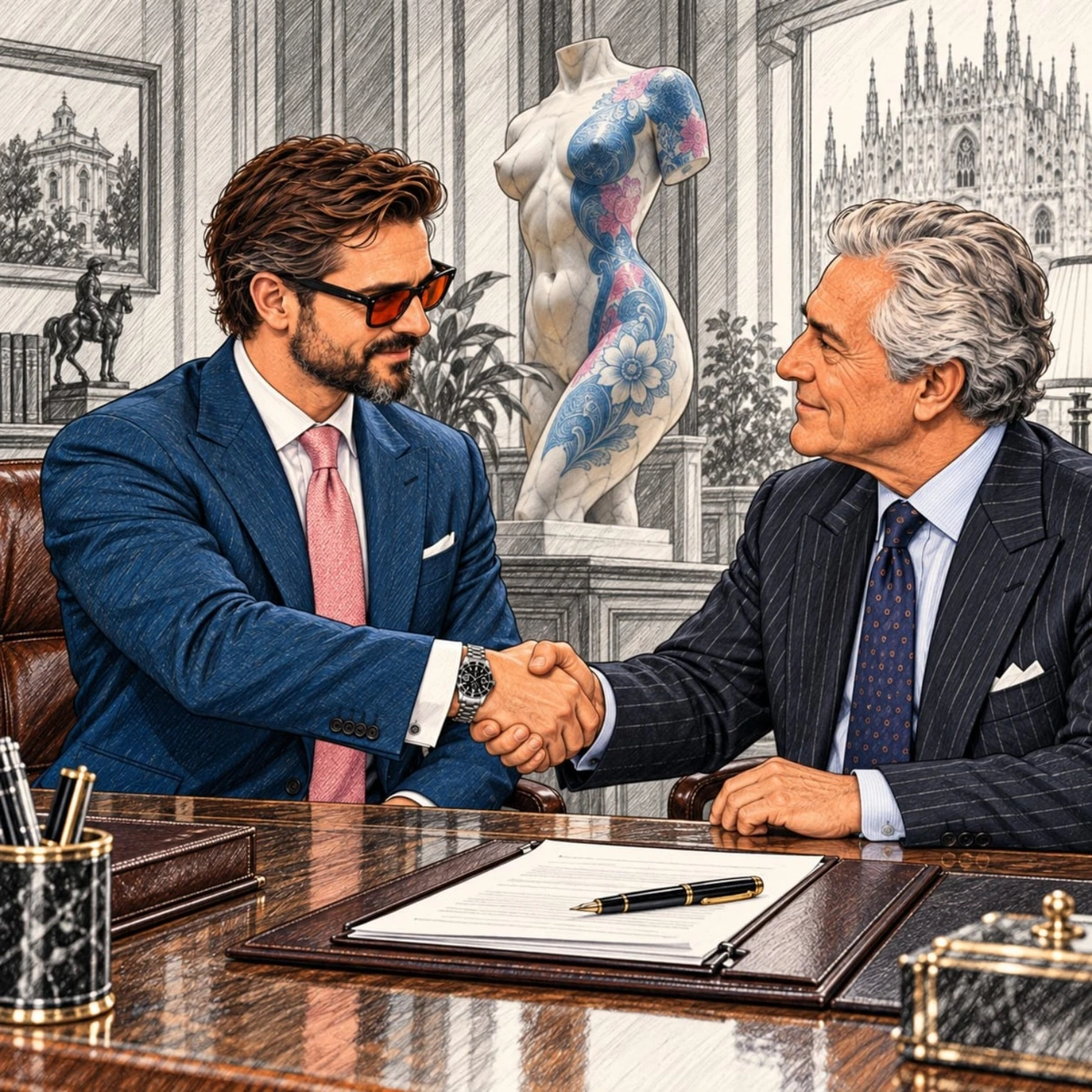 Pablo sella un compromiso con un apretón de manos en una oficina de Milán, junto a una escultura azul y rosa; los protagonistas y la escultura conservan el color ante un fondo a lápiz.